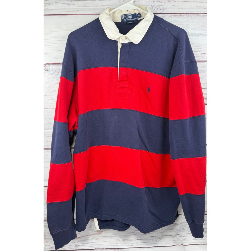 VTG Polo Ralph Lauren Mens Rugby Shirt Large Navy Blue Red Striped Long Sleeve L - Picture 1 of 4